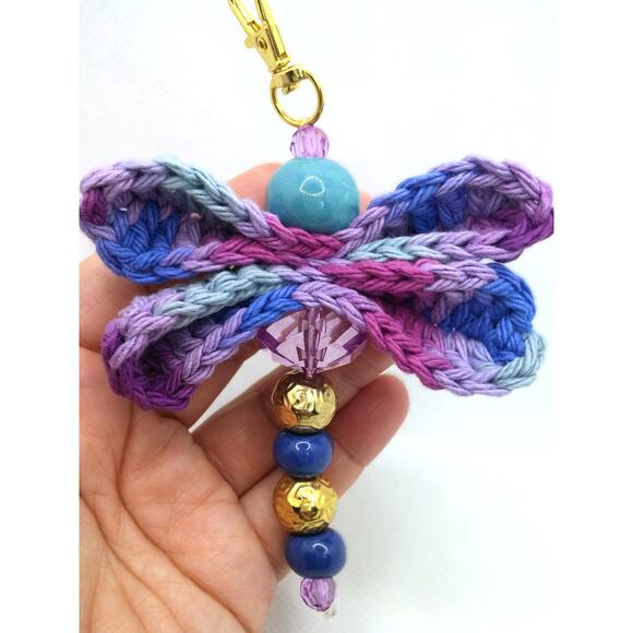 Crochet Dragonfly Vintage Beaded Keychain Hand Crafted Purse Charm Bag Clip NEW - Picture 5 of 10
